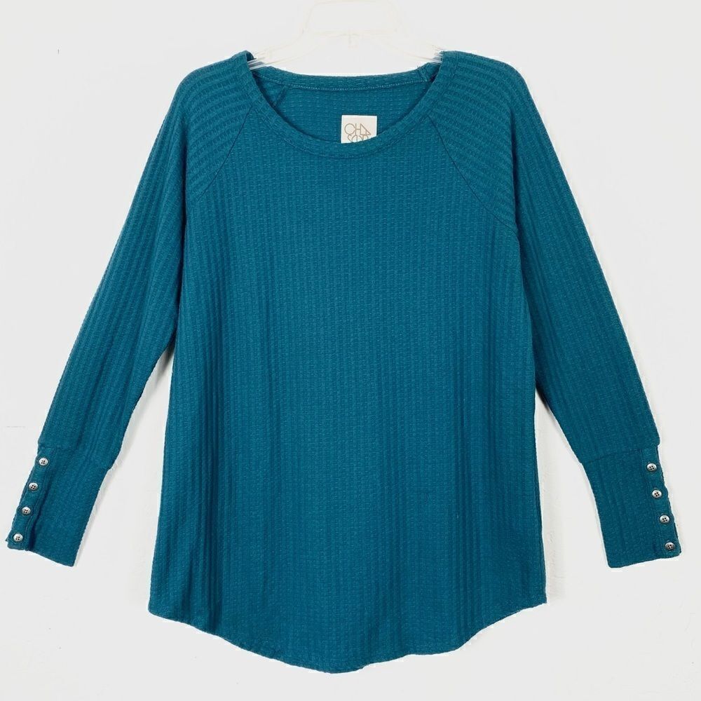 Chaser Teal Thermal Button Sleeve Pullover Sweater